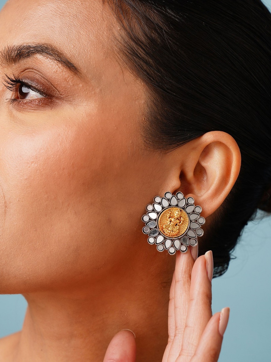 

ABDESIGNS Elegant Dual Plated Circular Shaped Artificial Stones And Beads Studs Earrings, Silver