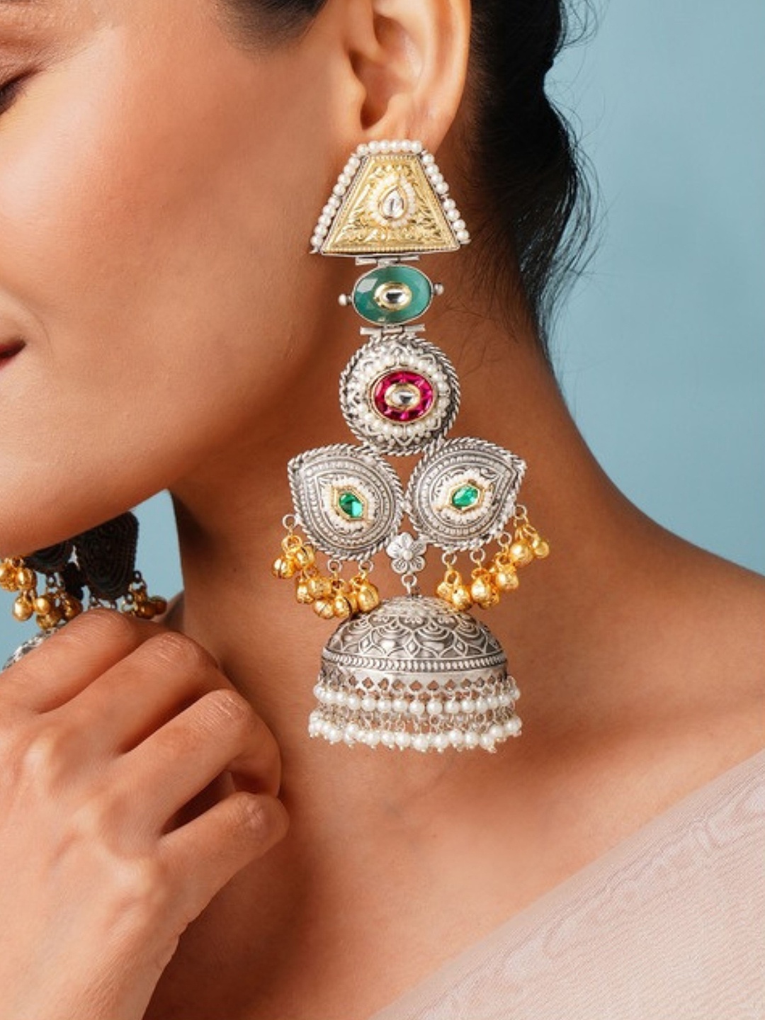 

ABDESIGNS Silver-Plated Classic Artificial Stones and Beads Drop Earrings