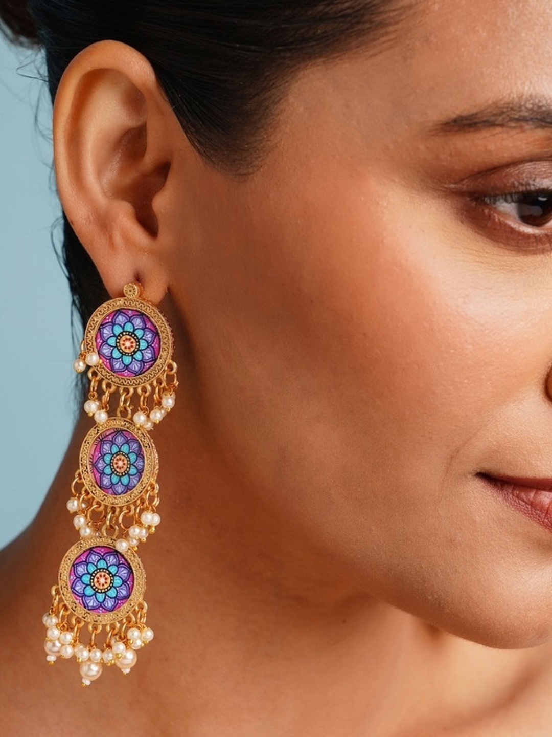 

ABDESIGNS Gold-Plated Geometric Shaped Artificial Stones and Beads Drop Earrings