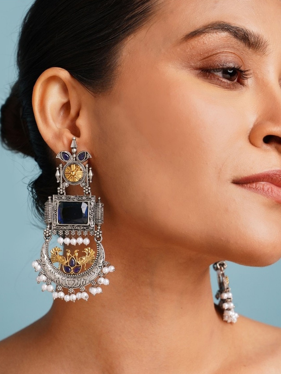 

ABDESIGNS Silver-Plated Geometric Shaped Artificial Stones and Beads Drop Earrings