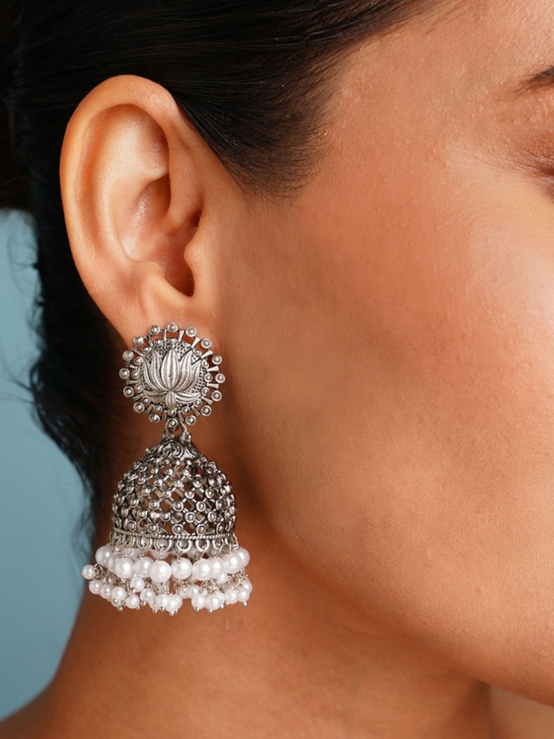 

ABDESIGNS Silver-Plated Classic Artificial Stones and Beads Jhumkas
