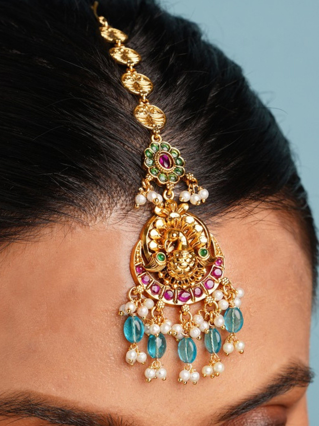 

ABDESIGNS Gold-Plated Artificial Stones and Beads Studded Maang Tikka Head Jewellery