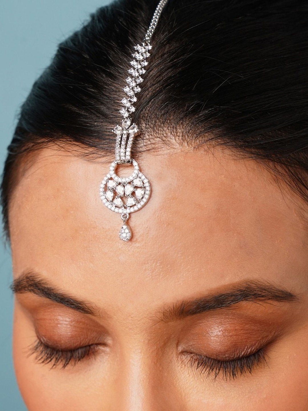 

ABDESIGNS Silver-Plated American Diamond Studded Maang Tikka Head Jewellery