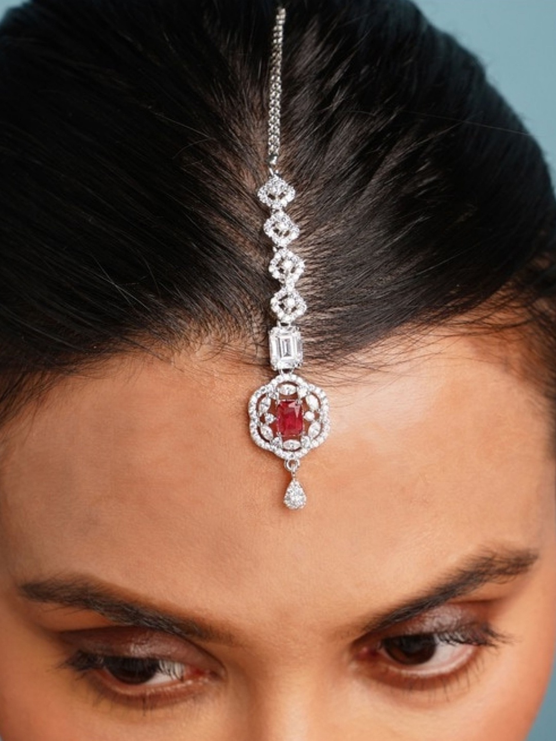 

ABDESIGNS Silver-Plated American Diamond Studded Maang Tikka Head Jewellery