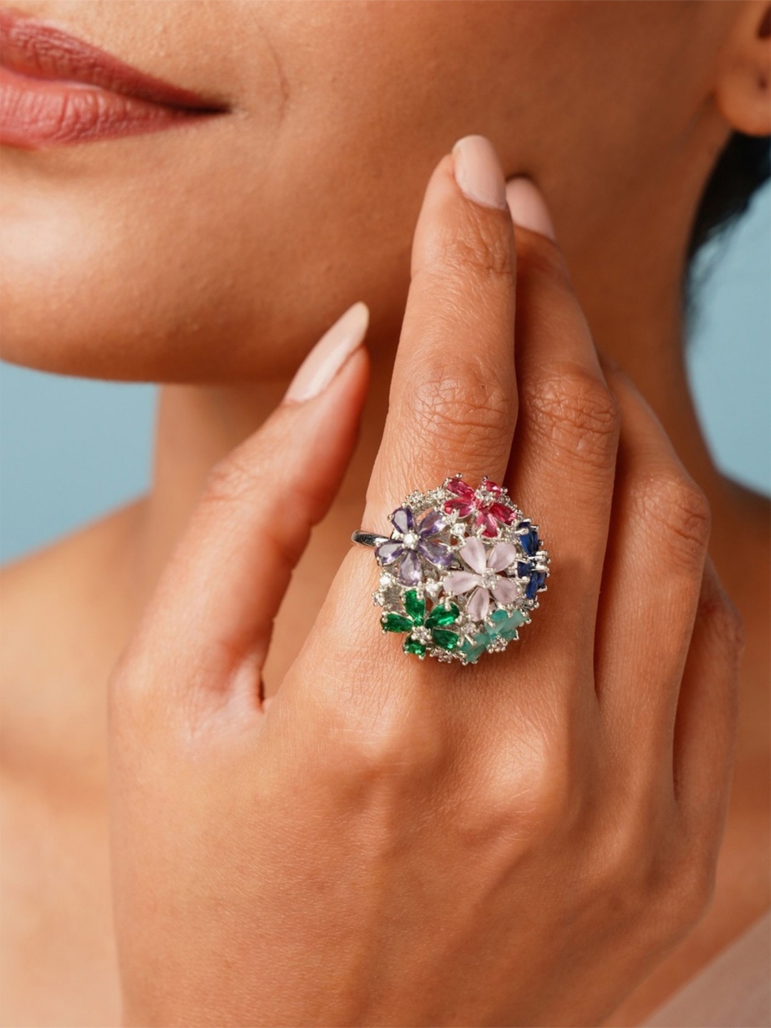 

ABDESIGNS Silver-Plated Cubic Zirconia Stone-Studded Finger Ring