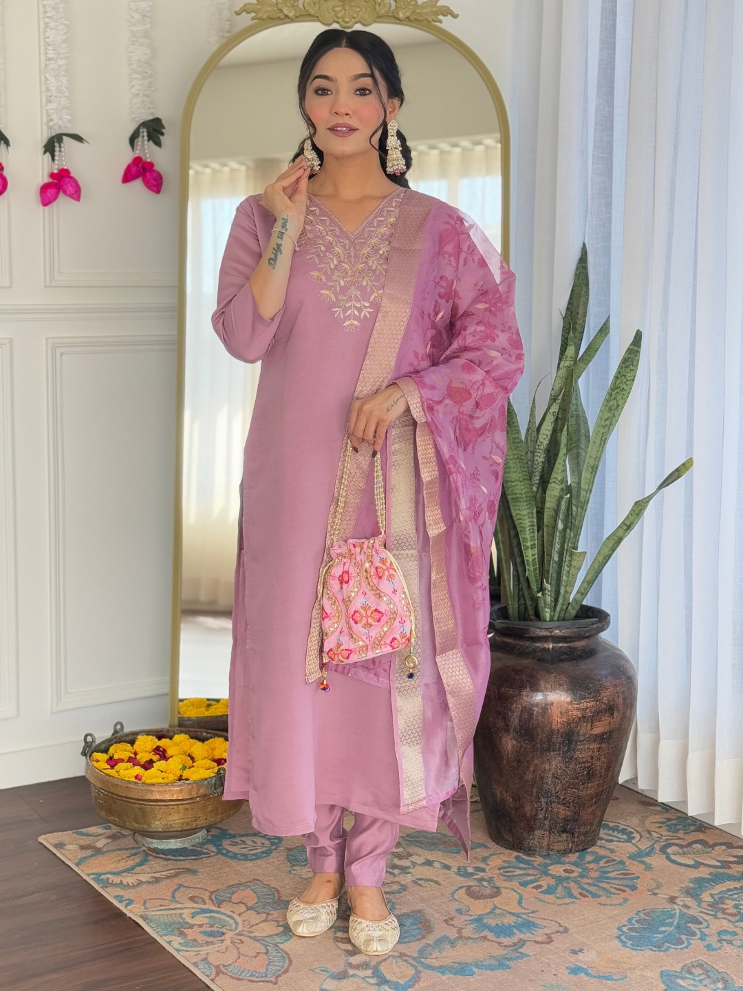 

KALINI Women Floral Embroidered Regular Chanderi Silk Kurta with Trousers & With Dupatta, Peach