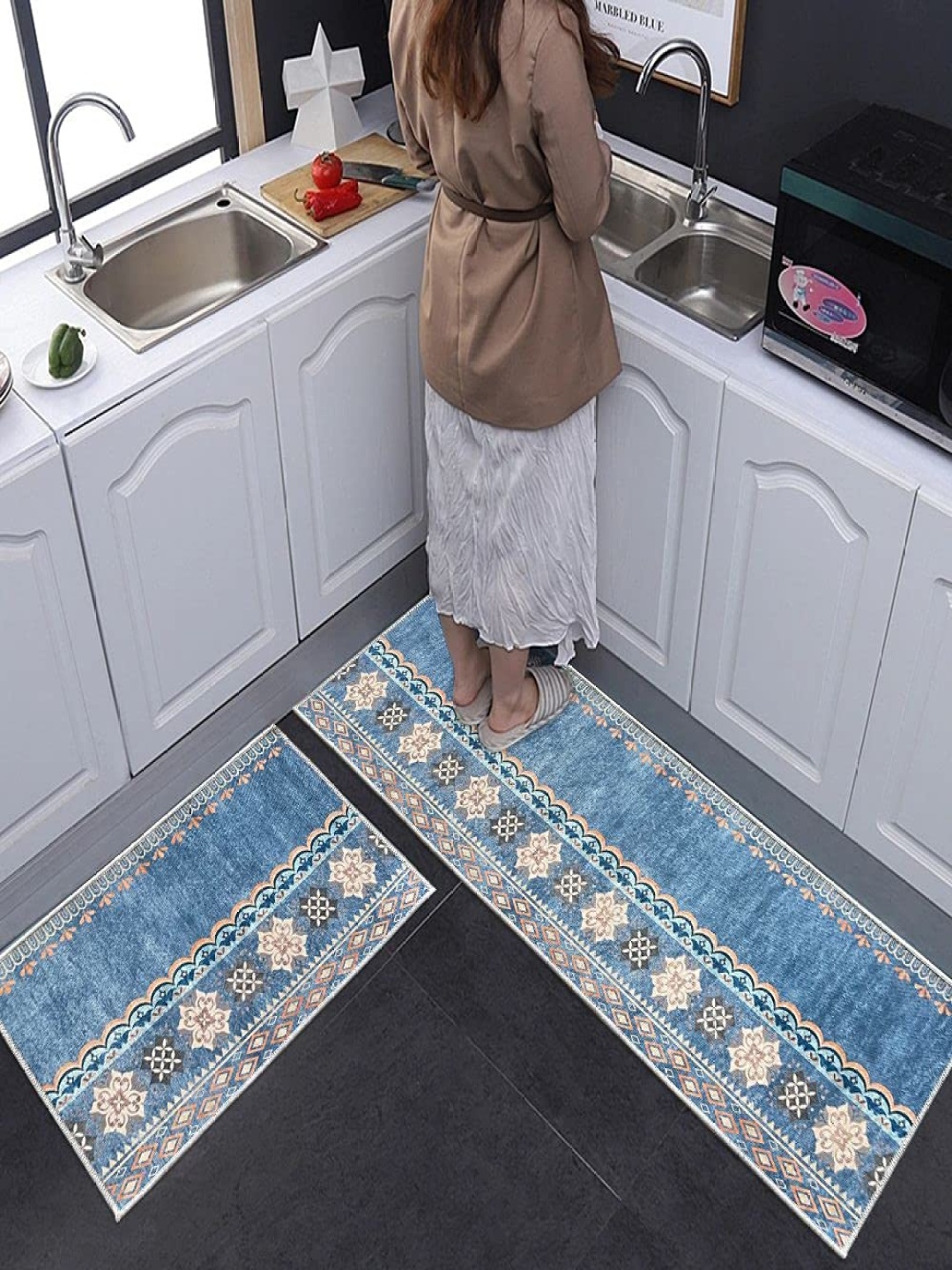 

FAVRIA Blue & White 2 Pieces Floral Printed Waterproof Kitchen Mats