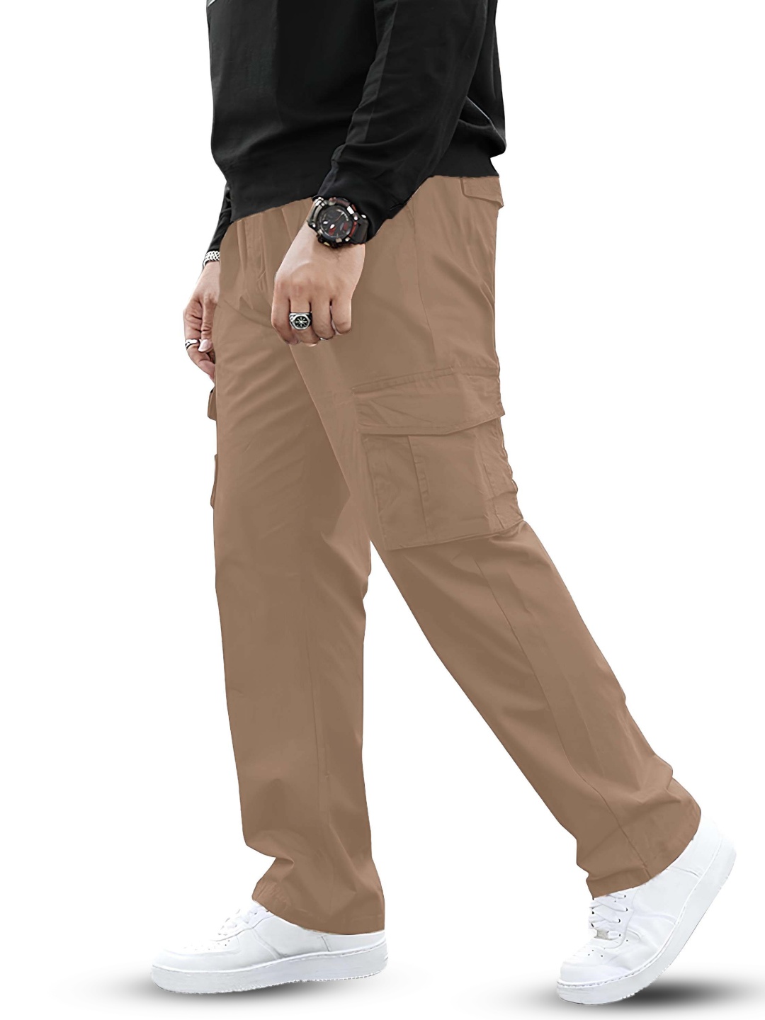 

BAESD Men Relaxed High-Rise Cargos Trousers, Khaki