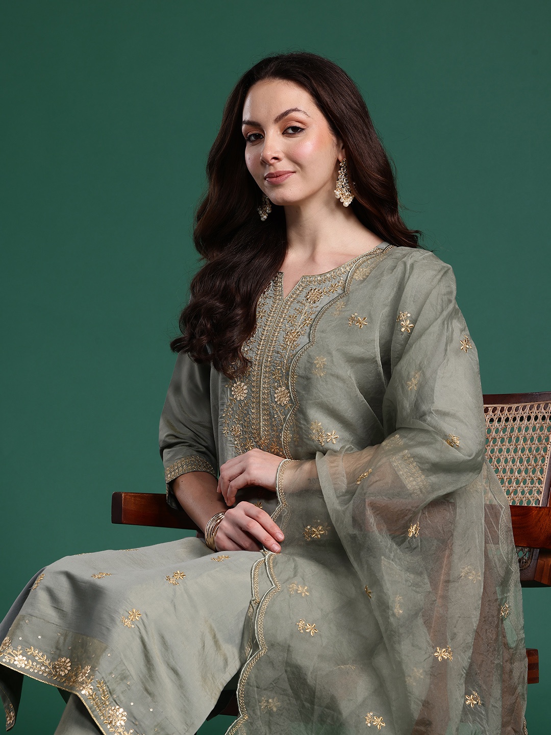 

Indo Era Women Ethnic Motifs Embroidered Regular Kurta with Trousers & With Dupatta, Grey