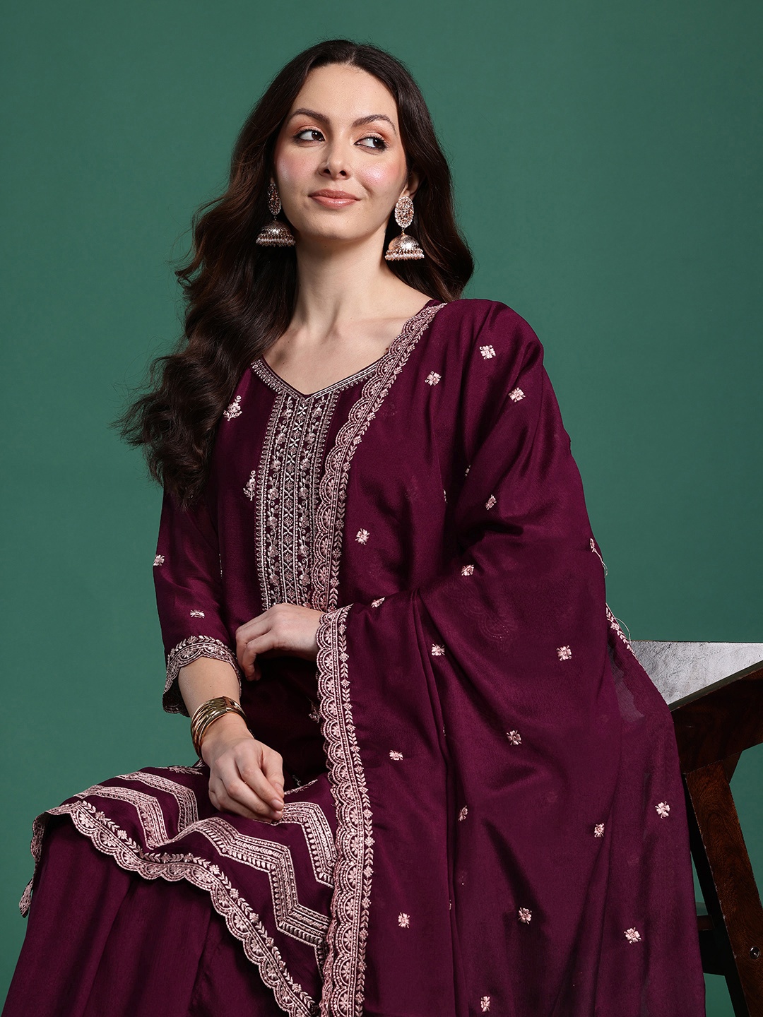 

Indo Era Ethnic Motifs Embroidered Regular Sequinned Kurta with Sharara & Dupatta, Burgundy