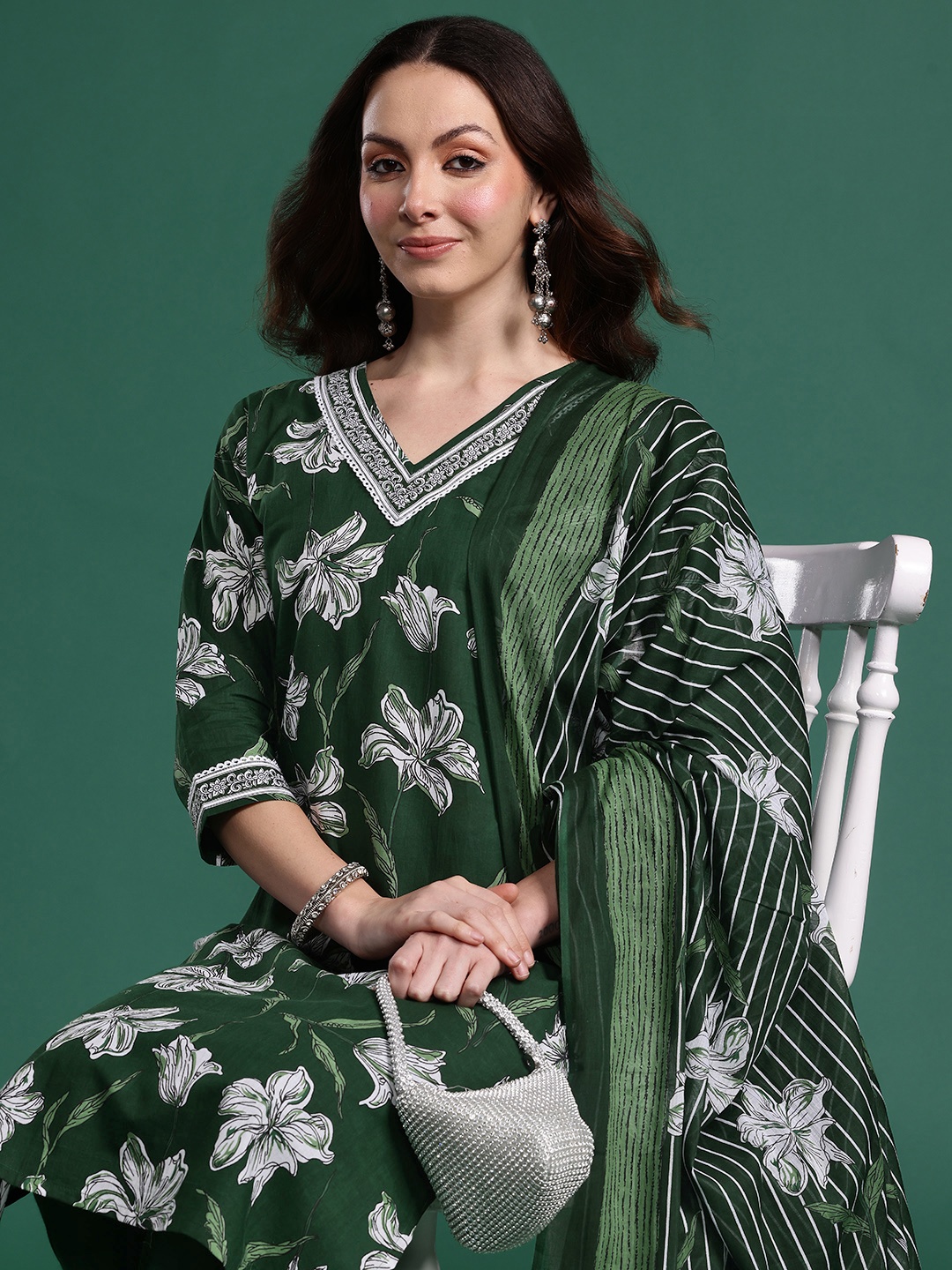

Indo Era Floral Printed Regular Pure Cotton Kurta with Trousers & Dupatta, Green