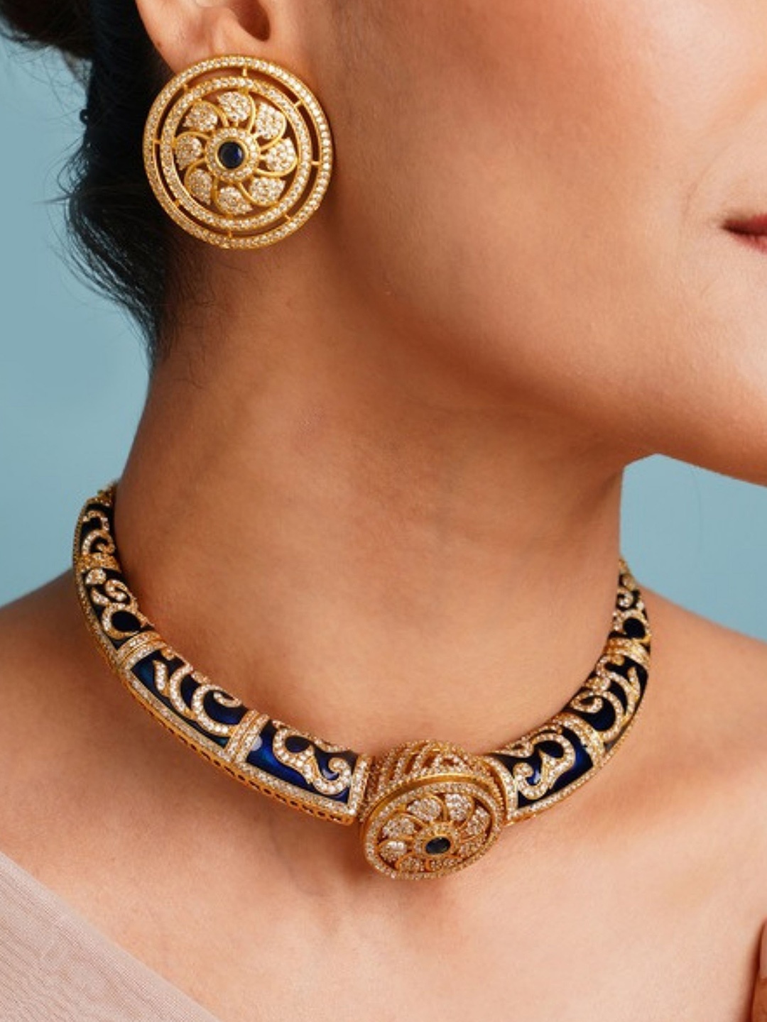 

ABDESIGNS Gold Plated Meenakari American Diamond Studded Royal Blue Hasli Necklace Set