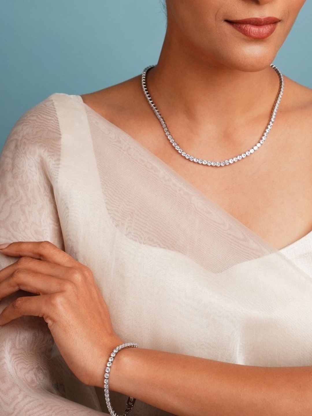 

ABDESIGNS Elegant Silver Plated American Diamond Chain & Bracelet Combo