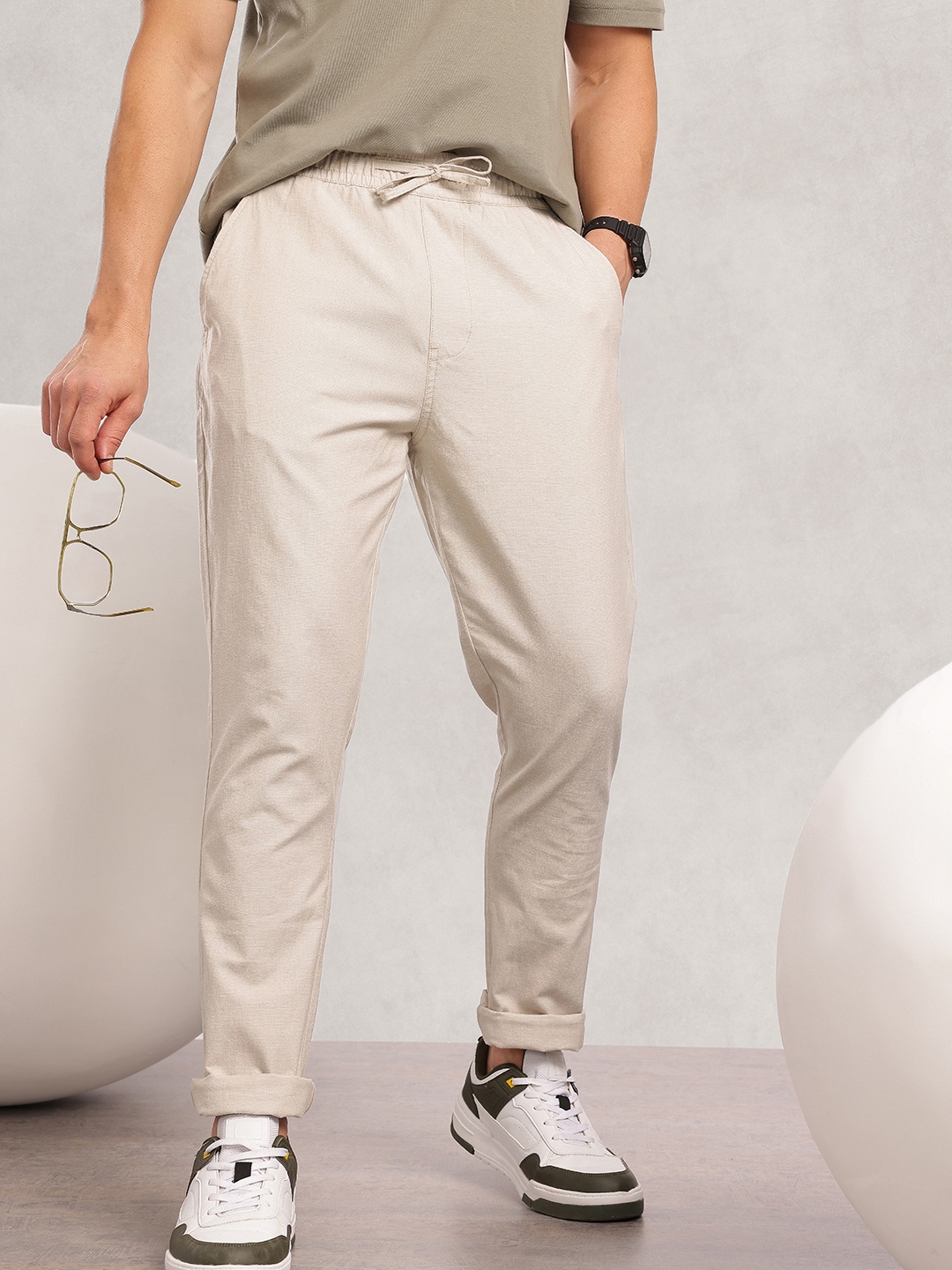

Nautica Men Smart Cotton Linen Chinos Trousers, Beige