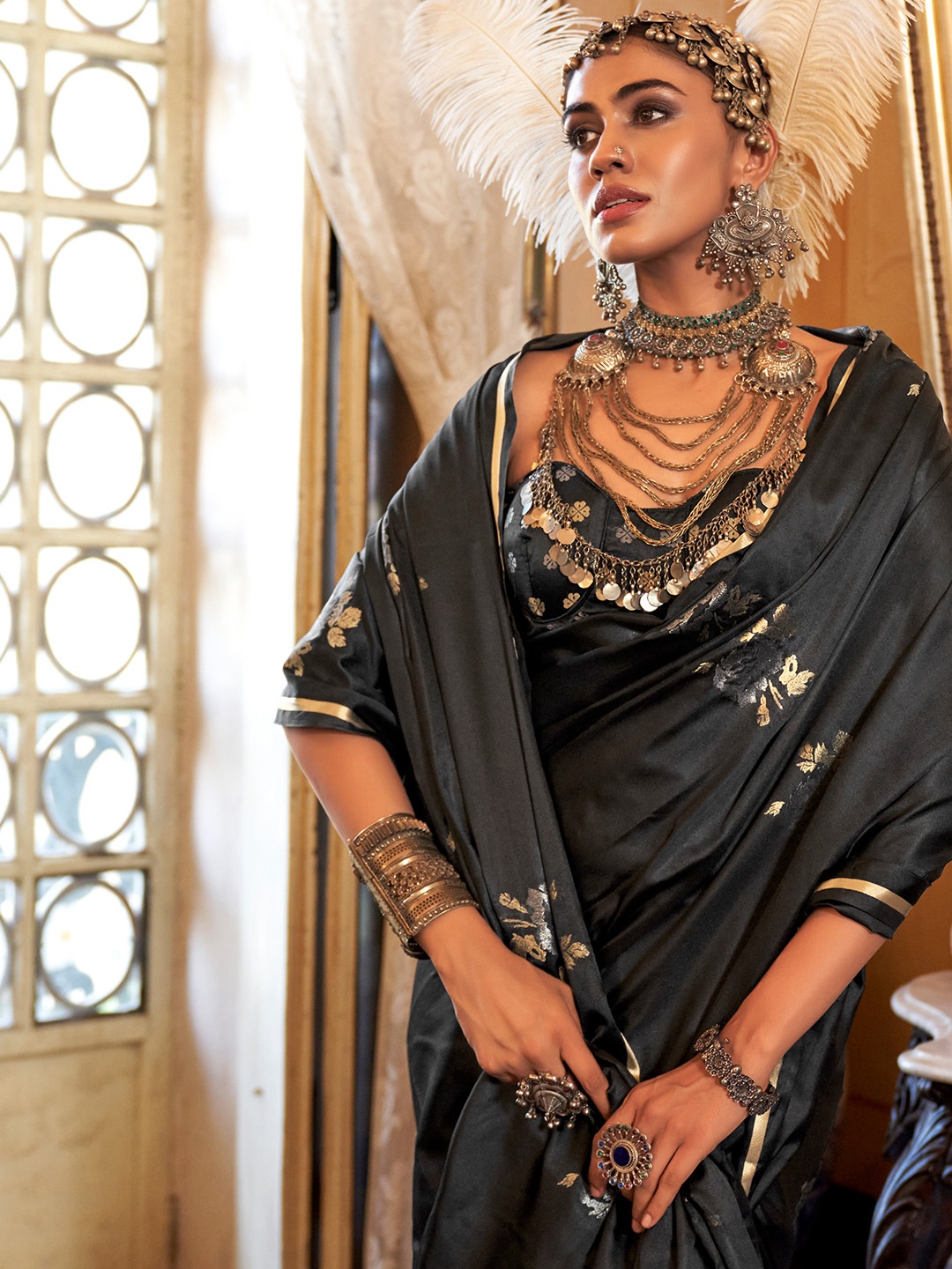 

Ishin Floral Zari Satin Saree, Black
