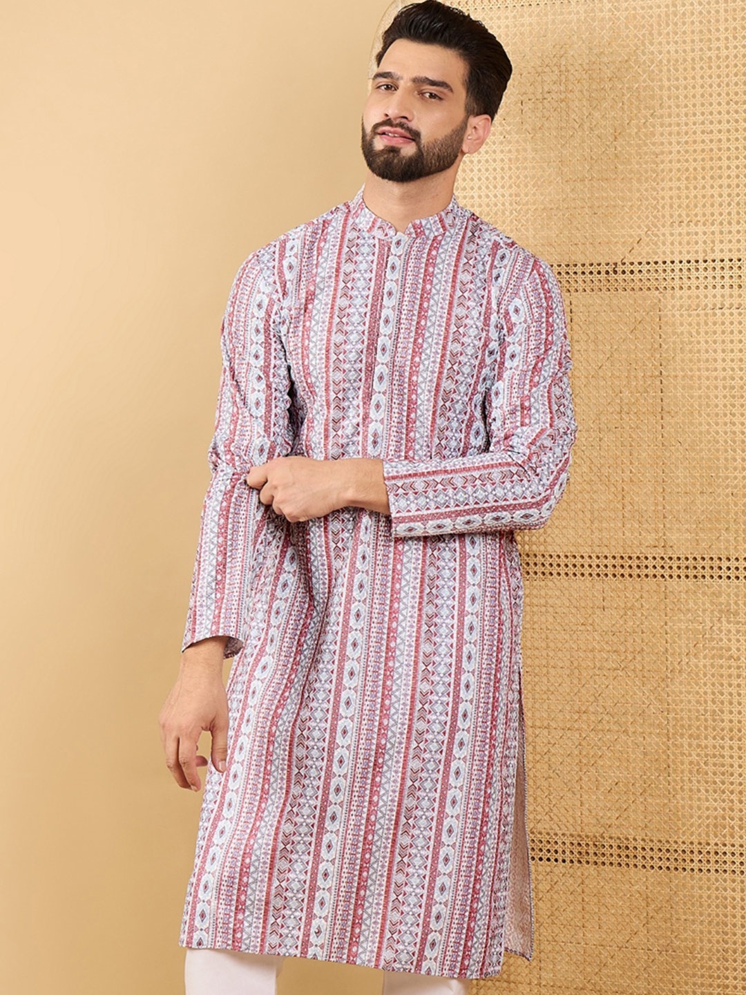 

House of Pataudi Geometric Printed Mandarin Collar Straight Kurta, White