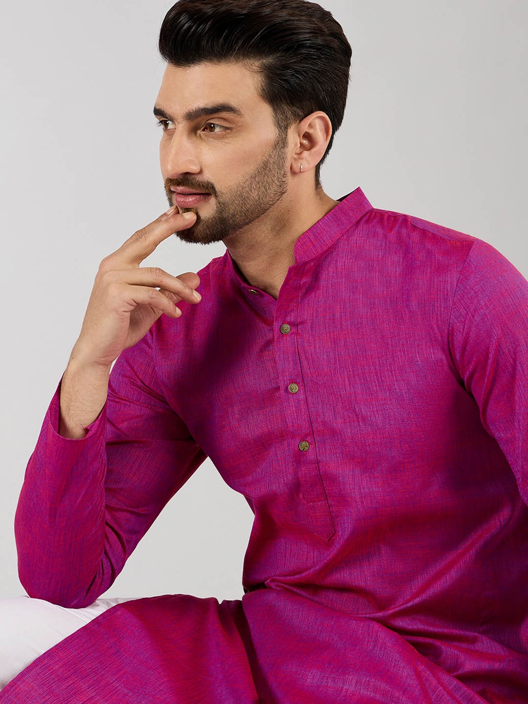 

House of Pataudi Mandarin Collar Cotton Straight Kurta, Pink