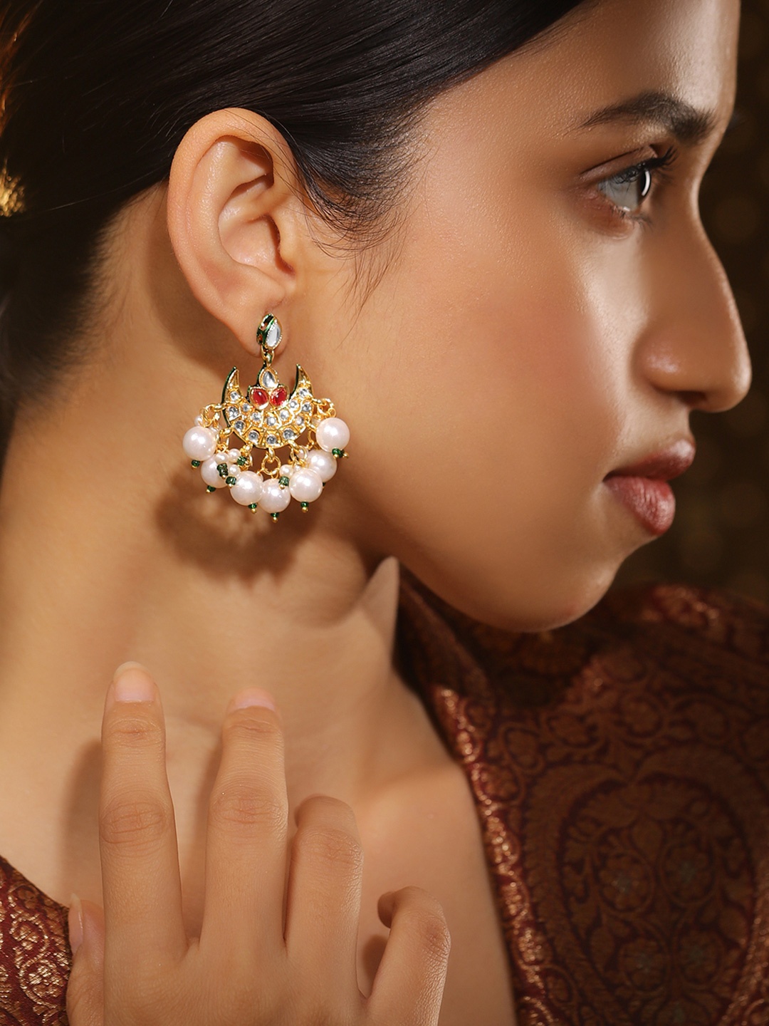 

Rubans 22K Gold Plated Red Kundan Studded & Green Enamelled White Pearl Beaded Chandbali
