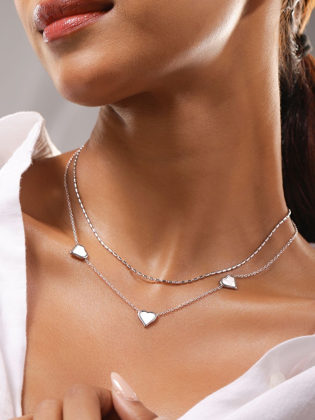 

Rubans Stainless Steel Rhodium-Plated Tarnish Waterproof Enamel Heart Layered Necklace, Silver