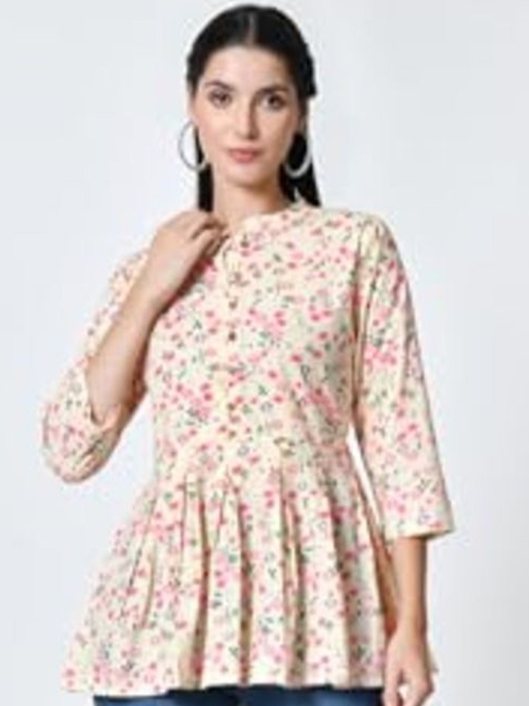 

LIBOZA Floral Printed Pure Cotton Kurti, Beige