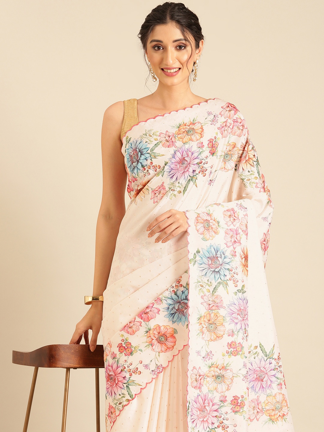 

Mitera Floral Beads & Stones Embellished Saree, White