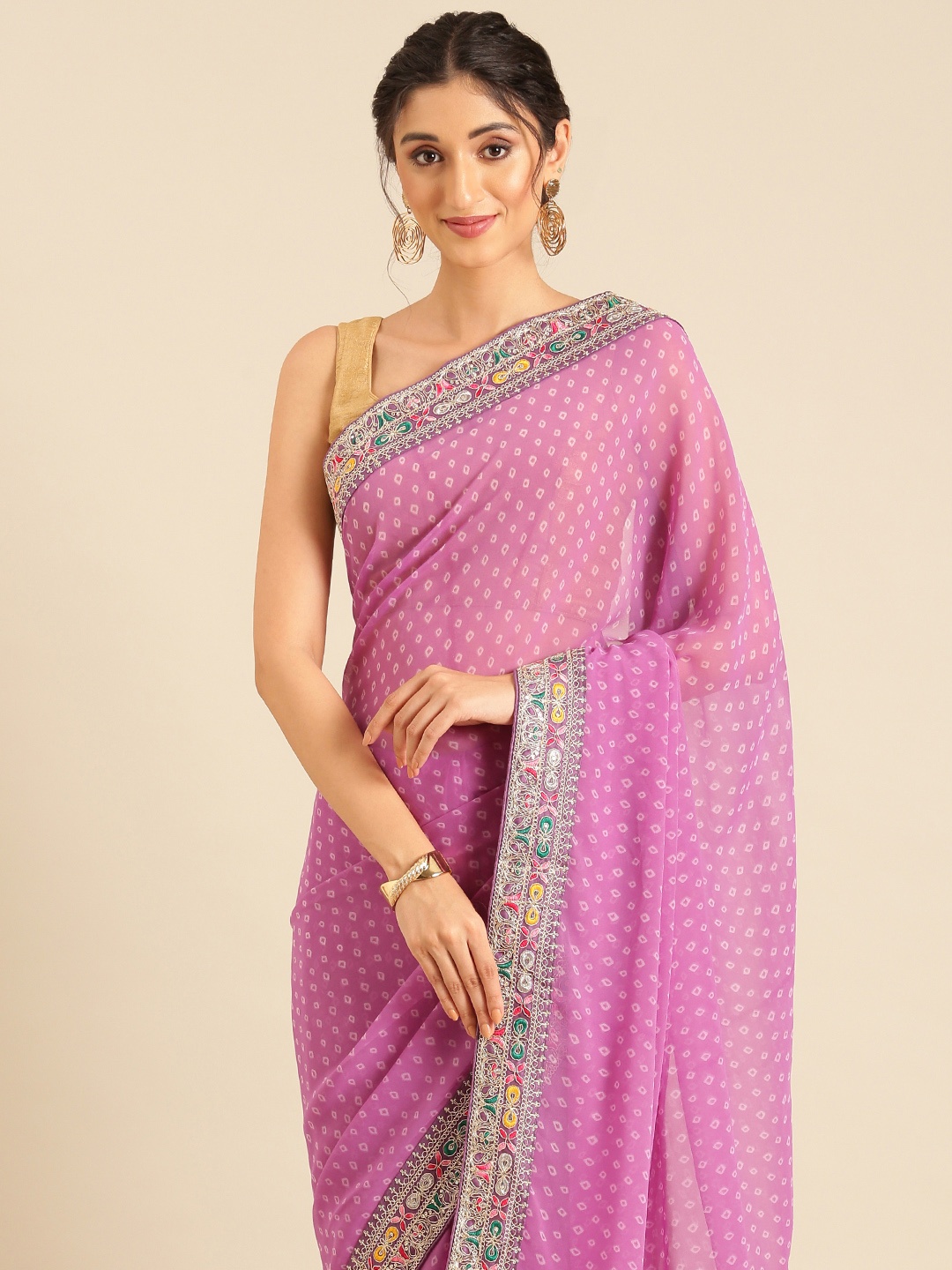 

Mitera Bandhani Printed Saree with Embroidered Detail, Lavender