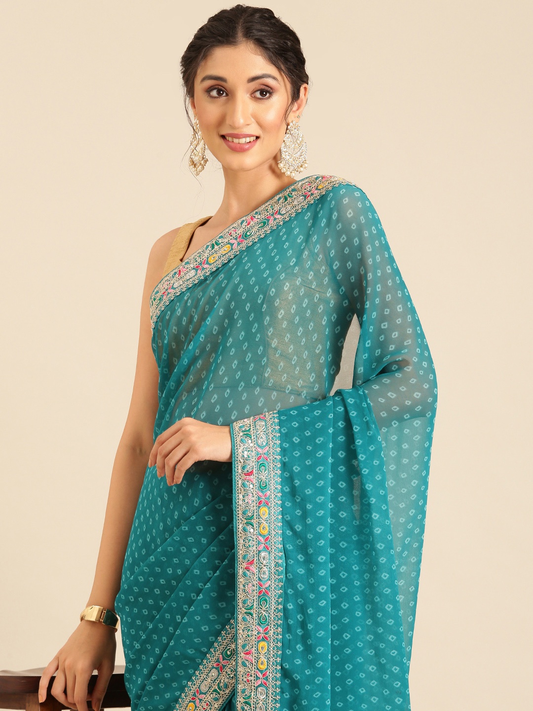 

Mitera Bandhani Printed Saree with Embroidered Detail, Teal