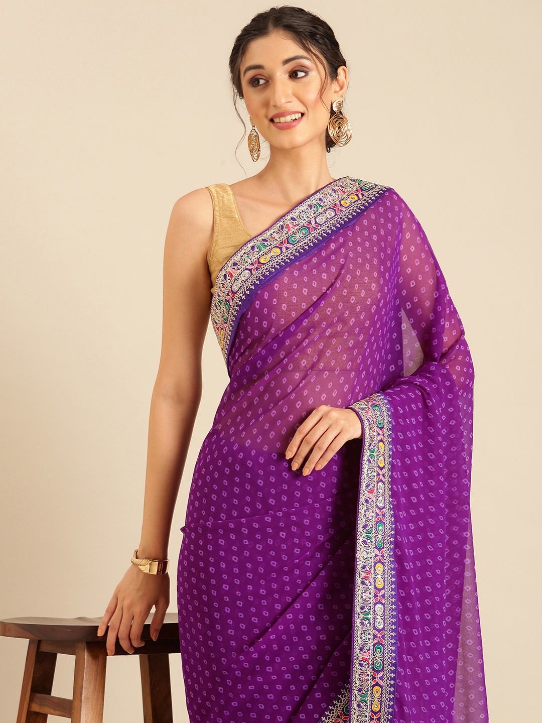 

Mitera Bandhani Printed Saree with Embroidered Detail, Purple