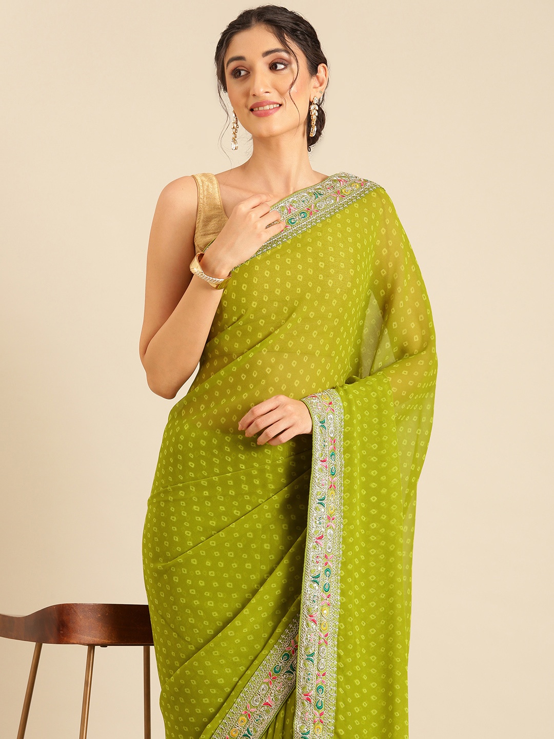 

Mitera Bandhani Printed Saree with Embroidered Detail, Green