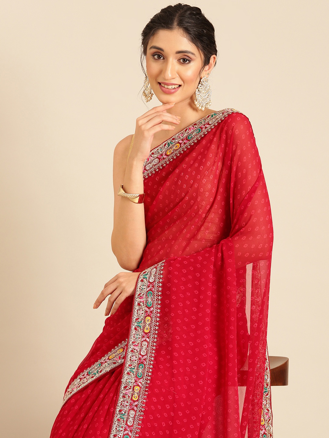 

Mitera Bandhani Printed Saree with Embroidered Detail, Red