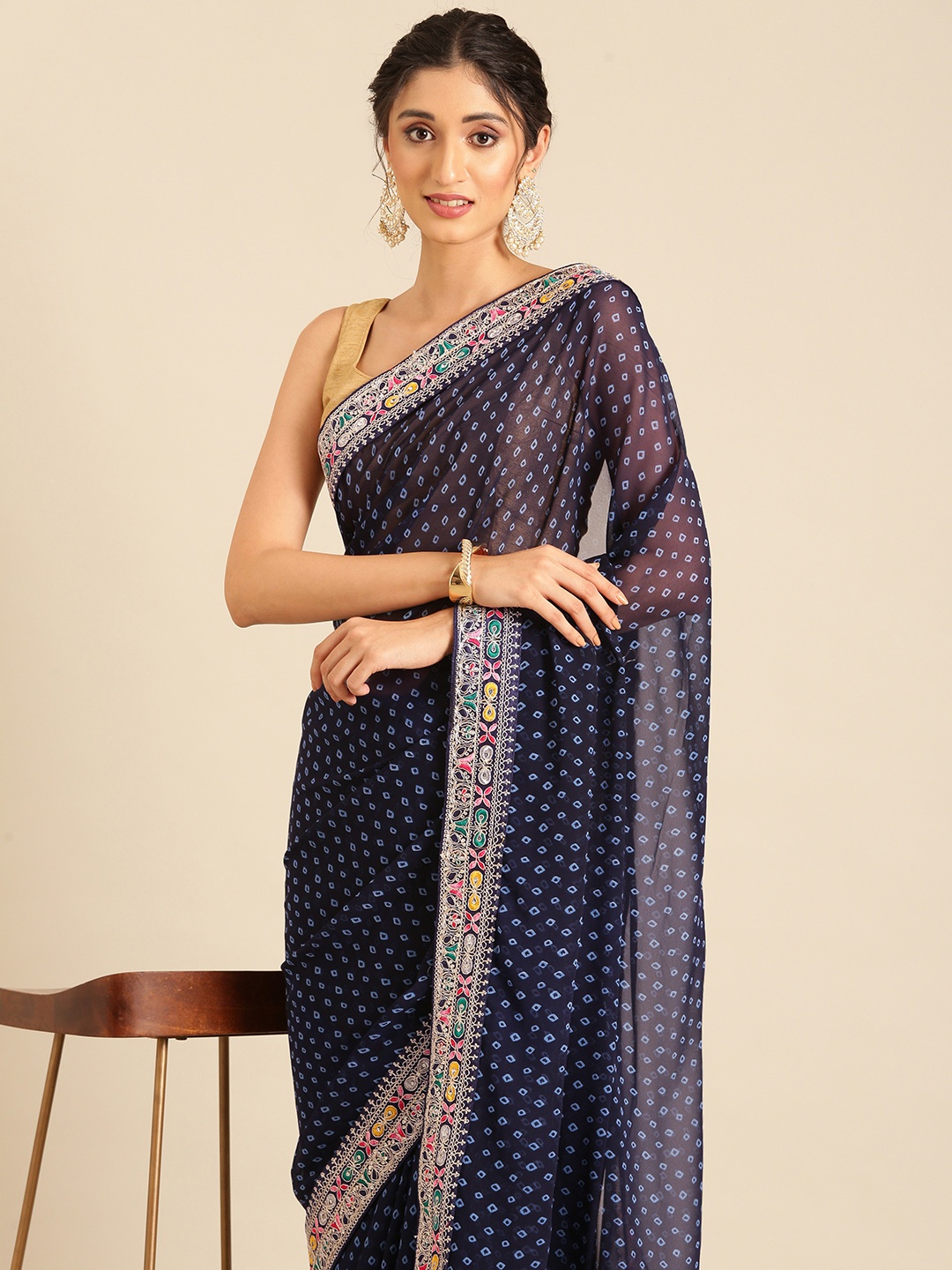 

Mitera Bandhani Printed Saree with Embroidered Detail, Navy blue