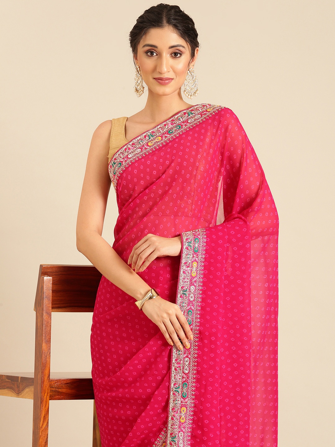 

Mitera Bandhani Printed Saree with Embroidered Detail, Pink