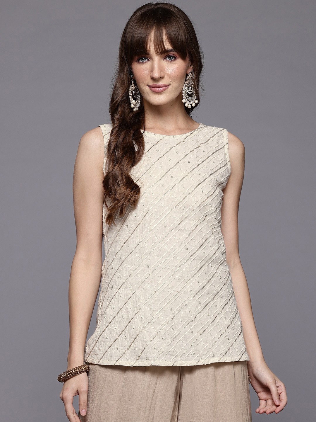 

Ahalyaa Boat Neck Embroidered Pure Cotton Tunic, Off white