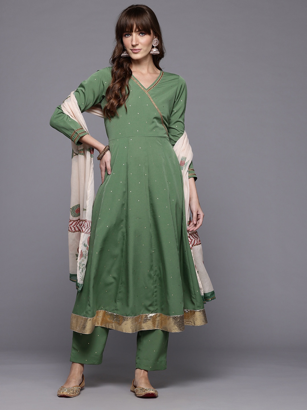 

Ahalyaa Printed Angrakha Gotta Patti Kurta with Trousers & With Dupatta, Green