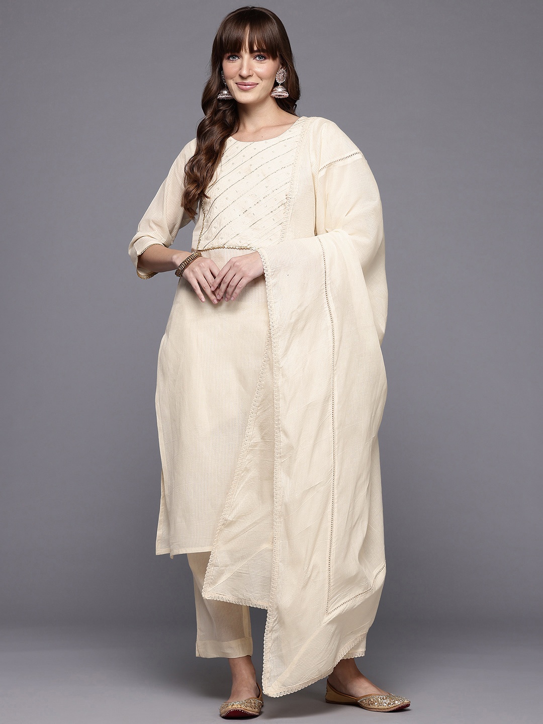 

Ahalyaa Yoke Design Gotta Patti Pure Cotton Kurta with Trousers & With Dupatta, Off white
