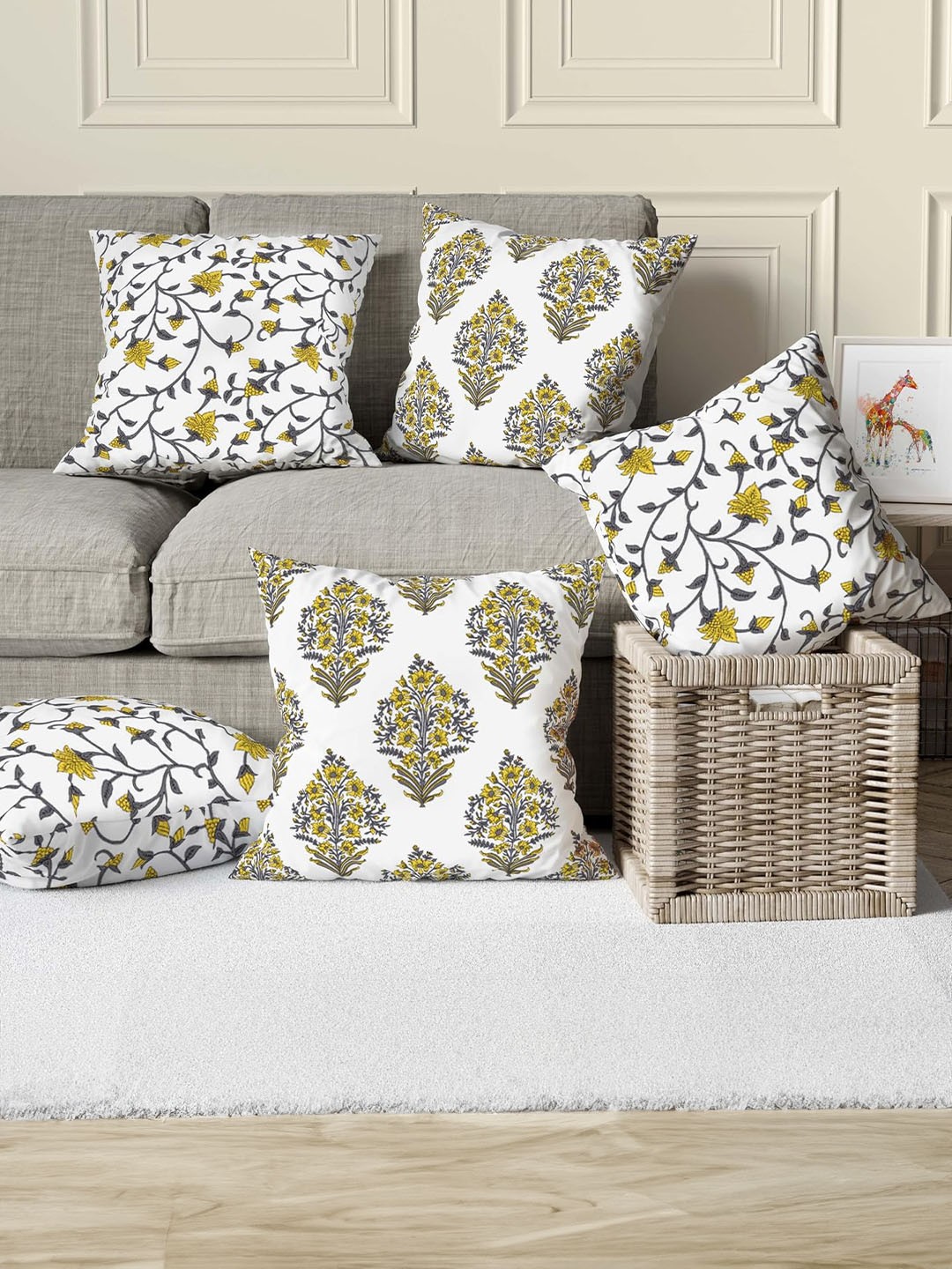 

Trance Home Yellow & White 5 Pieces Floral Printed Linen Square Cushion Covers
