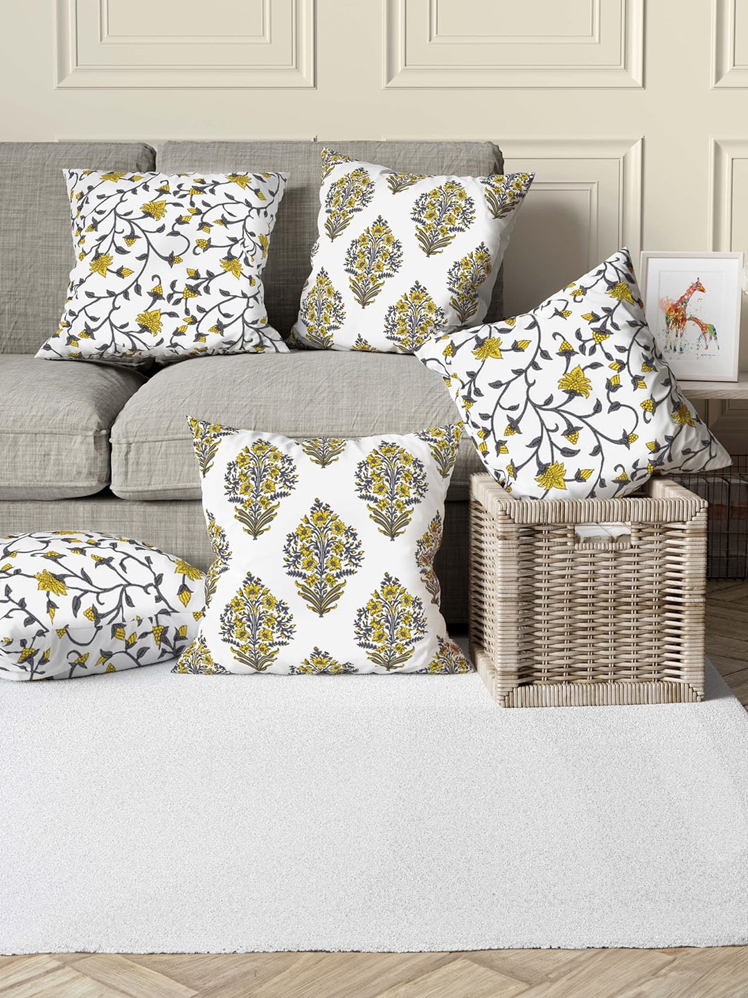 

Trance Home Yellow & White 5 Pieces Floral Printed Linen Square Cushion Covers