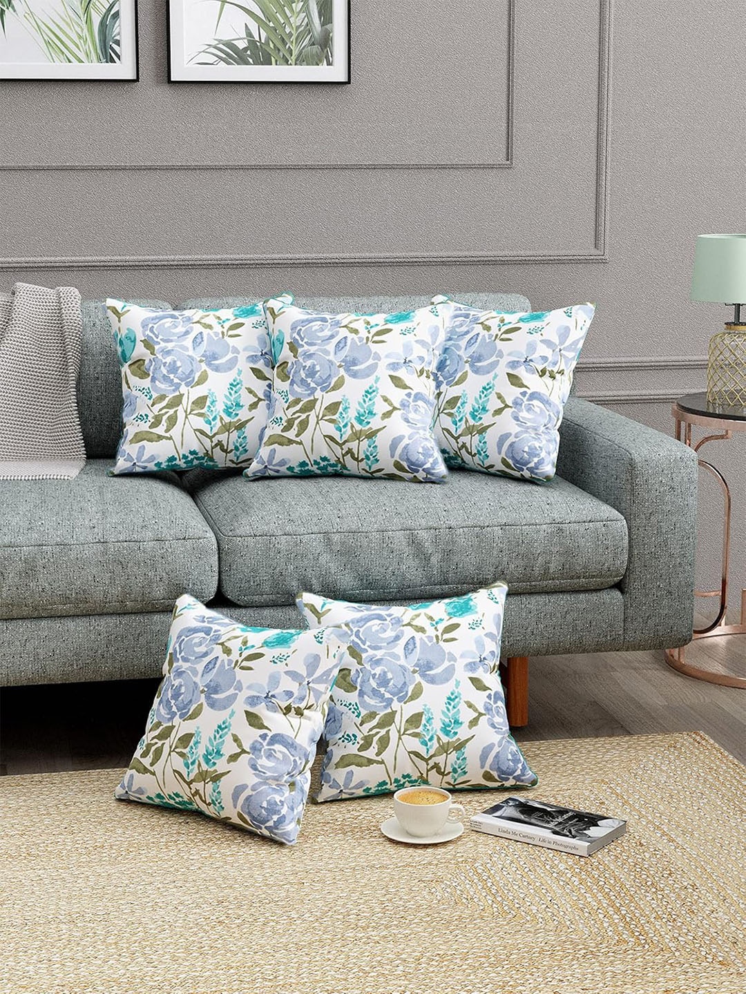 

Trance Home Blue & Green 5 Pieces Floral Printed Linen Square Cushion Covers, White