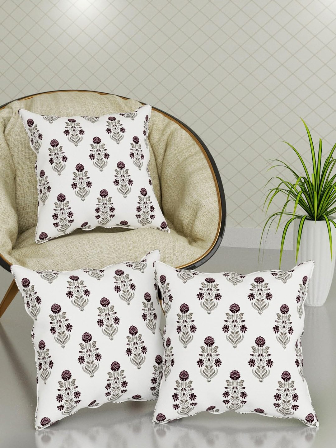 

Trance Home Purple & White 3 Pieces Floral Printed Linen Square Cushion Covers