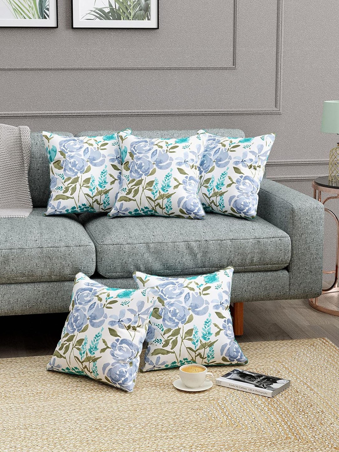 

Trance Home Blue & Green 5 Pieces Floral Printed Linen Square Cushion Covers, White