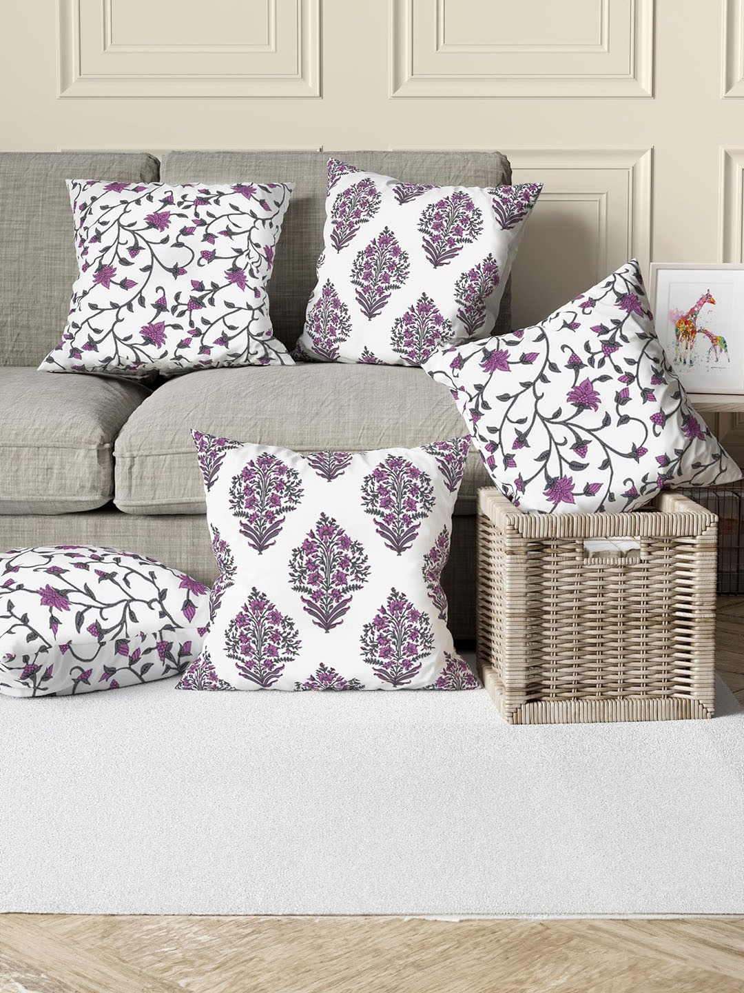 

Trance Home Mauve & White 5 Pieces Floral Printed Linen Square Cushion Covers