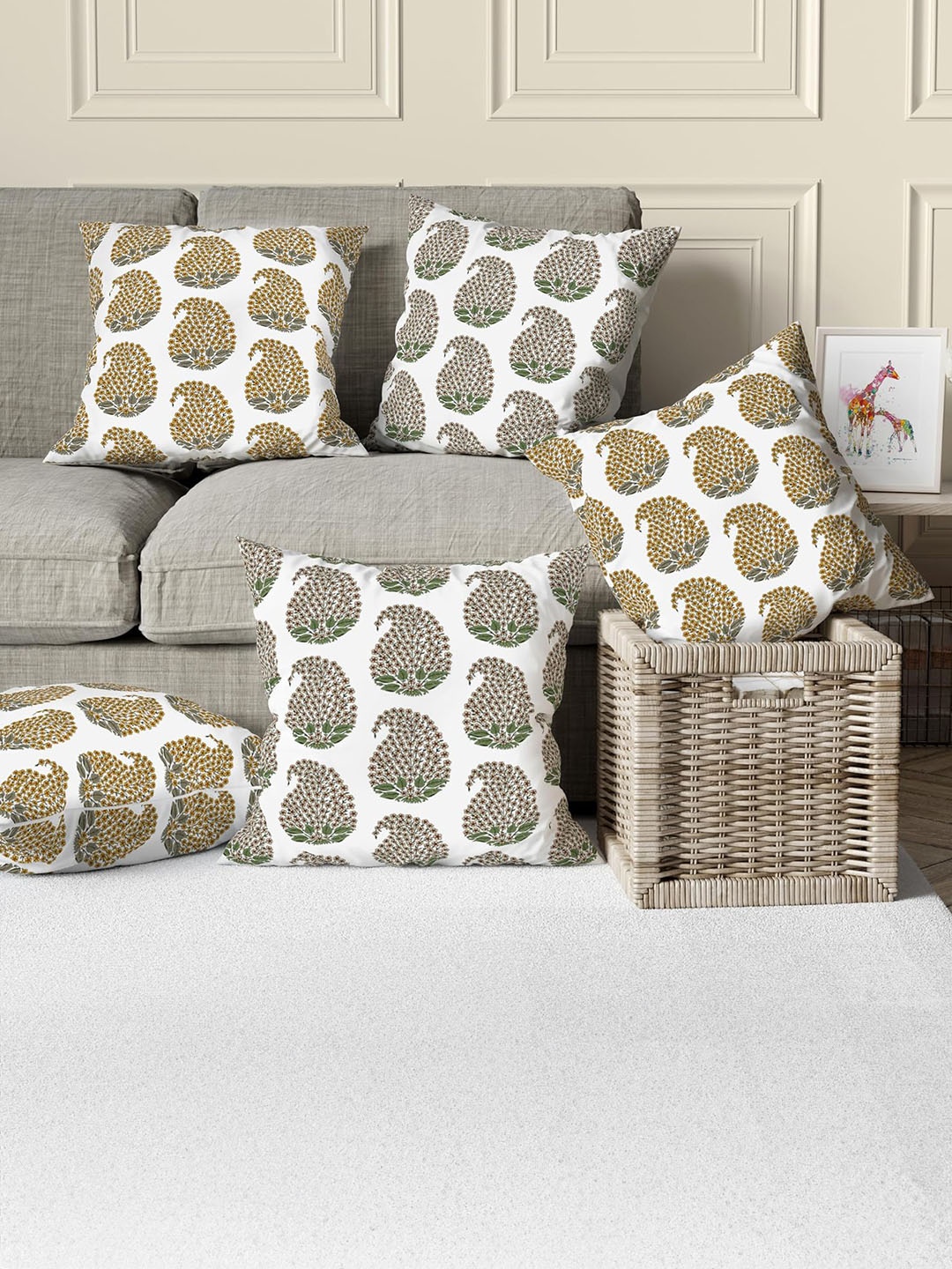 

Trance Home Mustard & White 5 Pieces Floral Printed Linen Square Cushion Covers