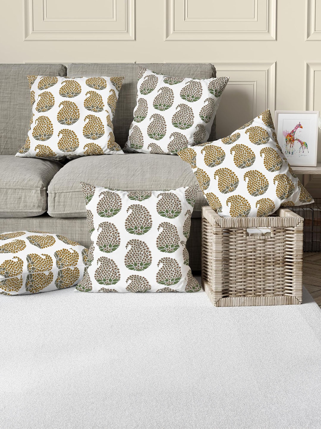 

Trance Home Gold-Toned & White 5 Pieces Floral Printed Linen Square Cushion Covers