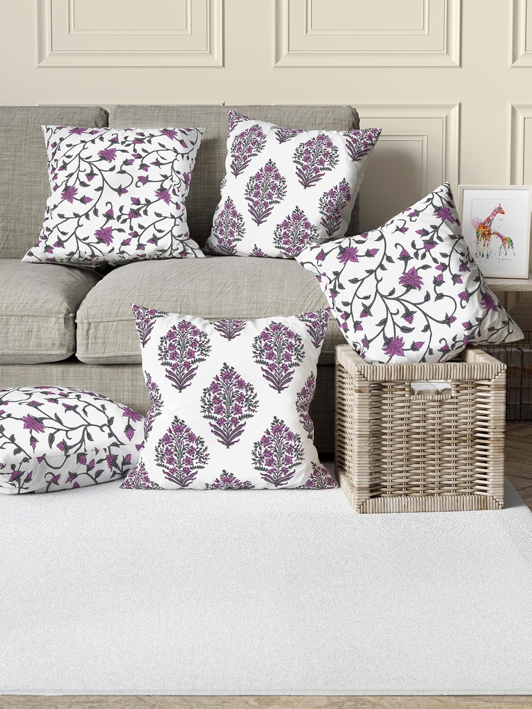 

Trance Home Mauve & White 5 Pieces Floral Printed Linen Square Cushion Covers