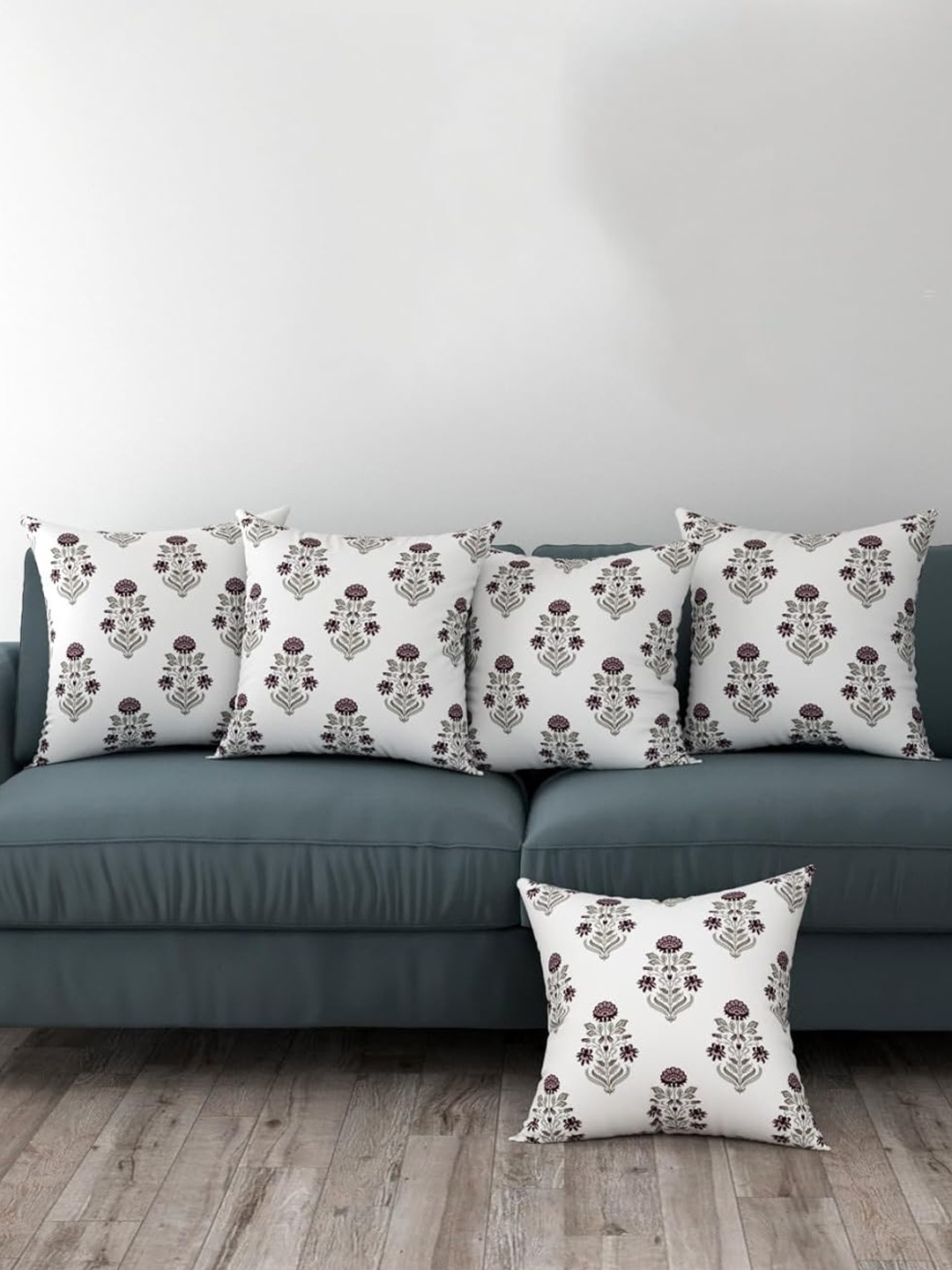 

Trance Home Purple & White 5 Pieces Floral Printed Linen Square Cushion Covers