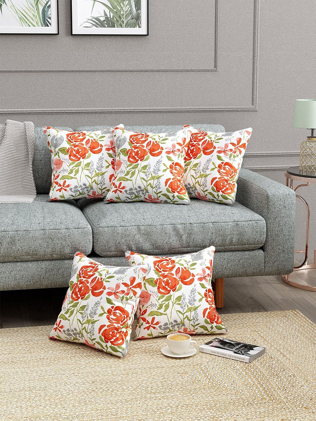 

Trance Home Red & Green 5 Pieces Floral Printed Linen Square Cushion Covers, White