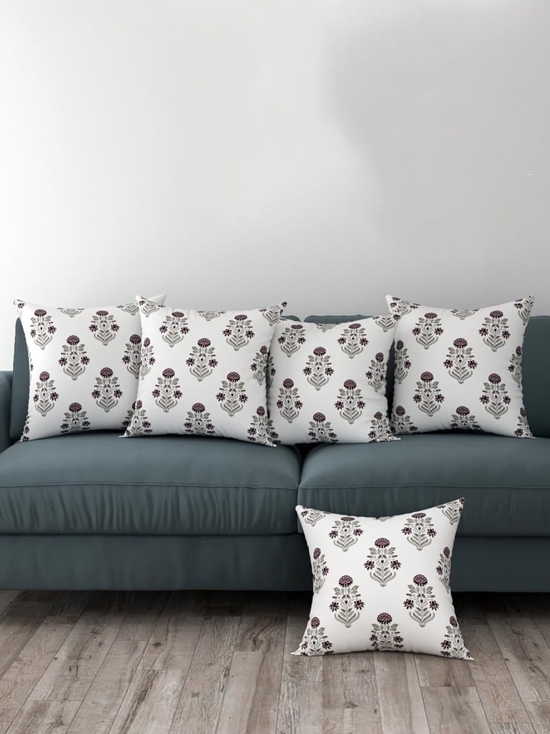 

Trance Home Purple & White 3 Pieces Floral Printed Linen Square Cushion Covers