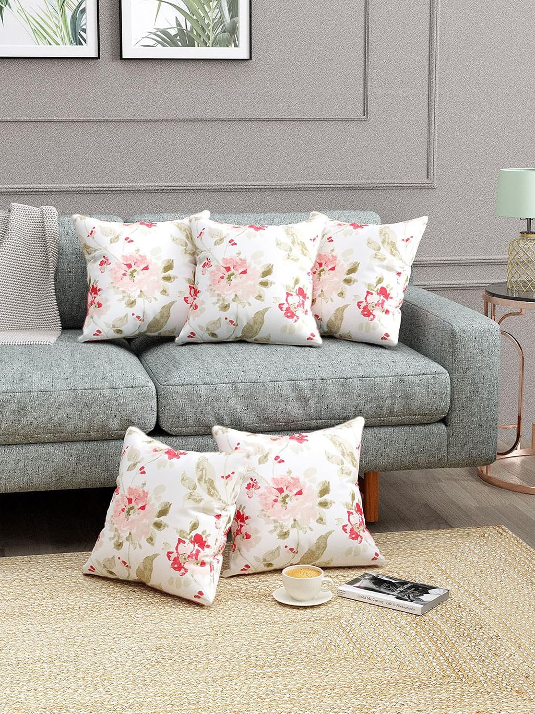 

Trance Home Pink & Green 5 Pieces Floral Printed Linen Square Cushion Covers, White
