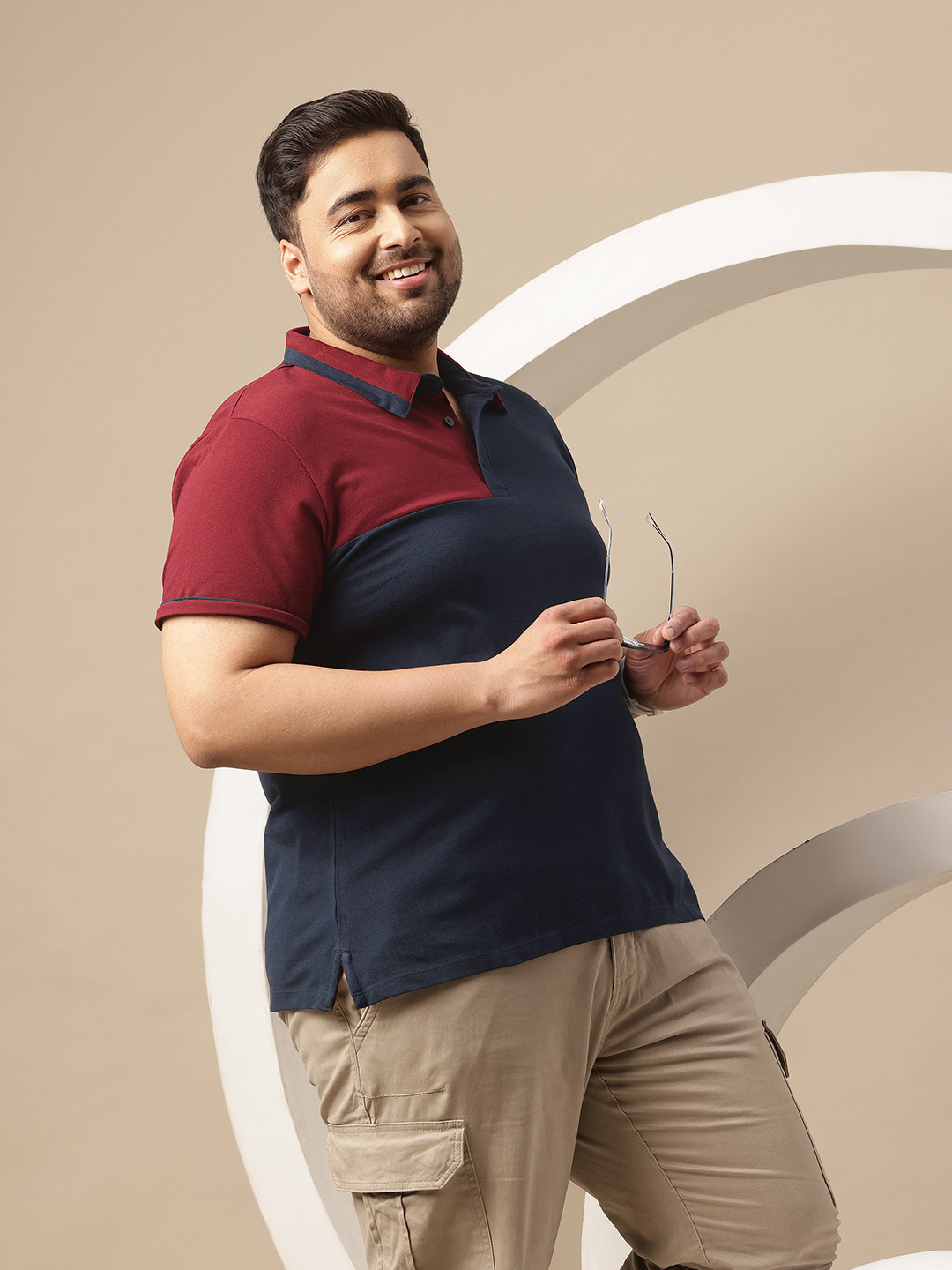 

Sztori Men Plus Size Colourblocked Polo Collar Pure Cotton T-shirt, Navy blue