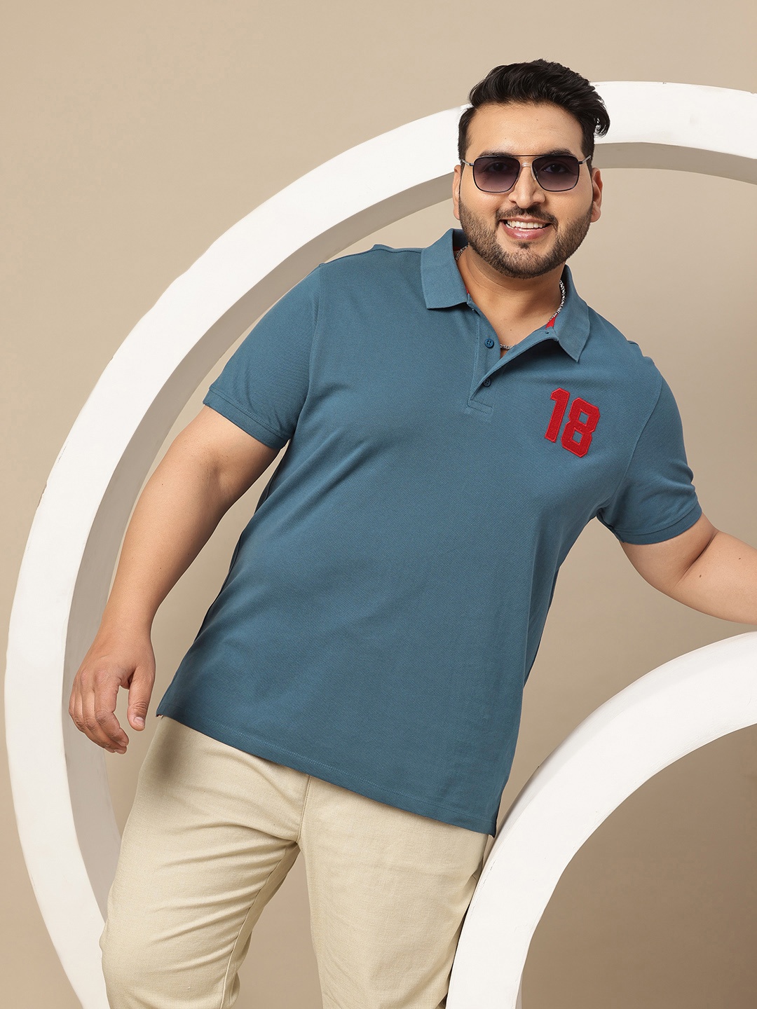 

Sztori Men Plus Size Polo Collar Pure Cotton Applique T-shirt, Navy blue
